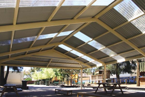 Gable Verandah providing open span with conventional double sided colour roofing & frame.